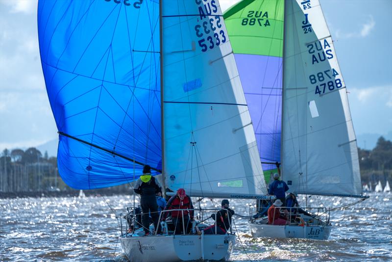 Warren Slater's Jab (right) leads Adam Keyes-Tilley's Poker Face in the J24s photo copyright Jordan Roberts taken at Sandringham Yacht Club and featuring the J/24 class