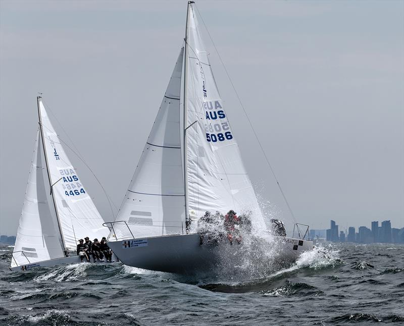 ‘Checkmate' blasting to windward on day 2, ‘Two Dogs' to leeward during the 2026 J/24 Hodges Sandringham Australian Championship photo copyright Marg's Yacht Photos taken at Sandringham Yacht Club and featuring the J/24 class