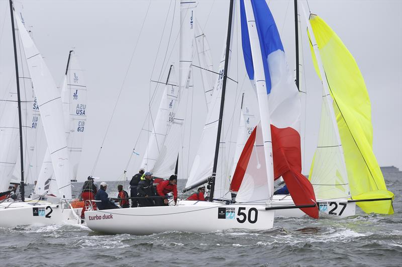 J/70 races commonly see boats rounding marks within a few tenths of a second, as Bodo & Nick von der Wense's J/70 Turbo Duck shows perfectly at the top mark rounding on day 1 at Sperry Charleston Race Week - photo © Charleston Race Week / Tim Wilkes