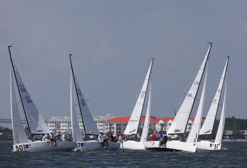 The J/70 fleet splits tacks racing in the shadow of the Ravenel Bridge at Sperry Charleston Race Week - photo © Charleston Race Week / Tim Wilkes