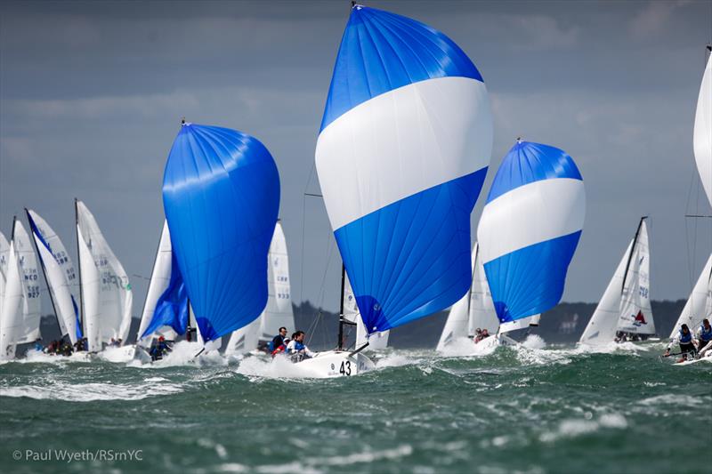 Tim Gratton's RTYC Academy Team lead the peloton downwind on day 2 of the J/70 Europeans photo copyright Paul Wyeth / RSrnYC taken at Royal Southern Yacht Club and featuring the J70 class