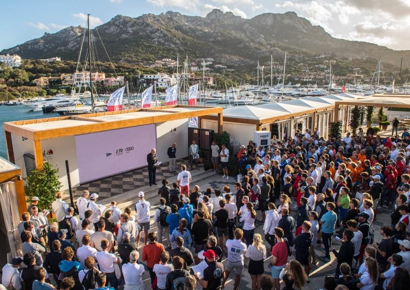 Competitors' Meeting at the Audi J/70 World Championship 2017 photo copyright YCCS / Kurt Arrigo taken at Yacht Club Costa Smeralda and featuring the J70 class