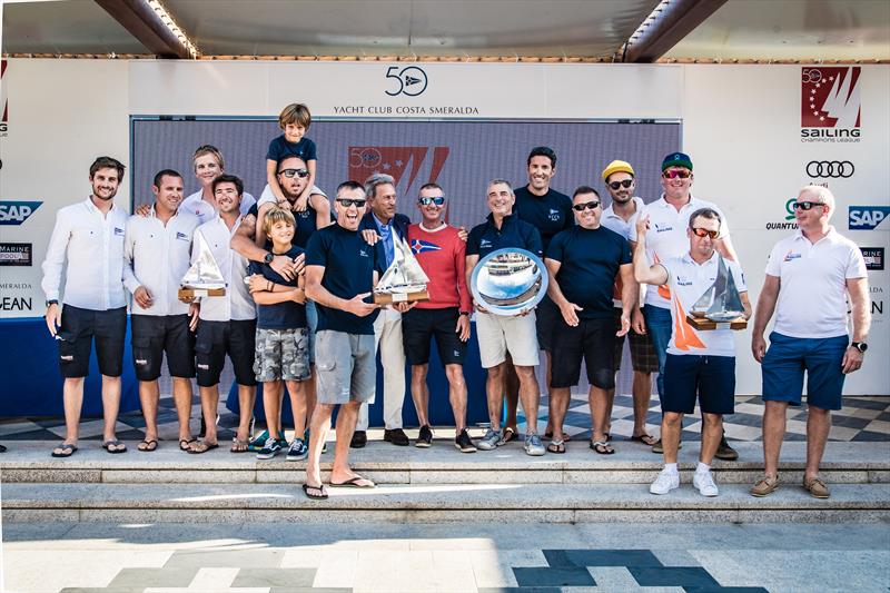 The winners (l-r) Société Nautique de Genève, Yacht Club Costa Smeralda, Ost Legal Sailing at the Audi SAILING Champions League Final photo copyright SCL / Lars Wehrmann taken at Yacht Club Costa Smeralda and featuring the J70 class