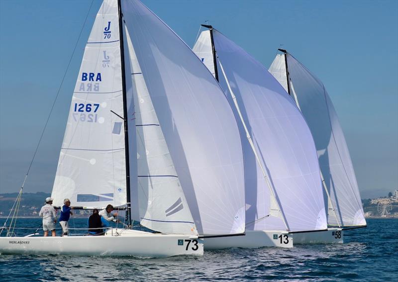 Renato Faria's To Nessa BRA, Marcos Soares' Highlanders BRAand Luis Albert's Patakin ESP on day 2 of the J/70 UK Class National Championships day  photo copyright Louay Habib taken at Royal Torbay Yacht Club and featuring the J70 class