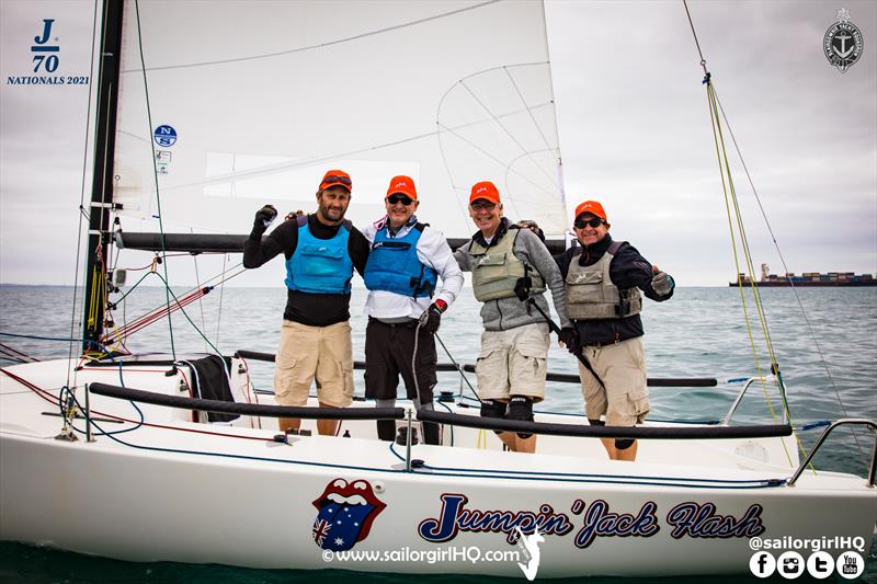 Jumpin' Jack Flash celebrate winning race 7 of the 2021 J70 Australian Championships photo copyright Nic Douglass / www.AdventuresofaSailorGirl.com taken at Blairgowrie Yacht Squadron and featuring the J70 class