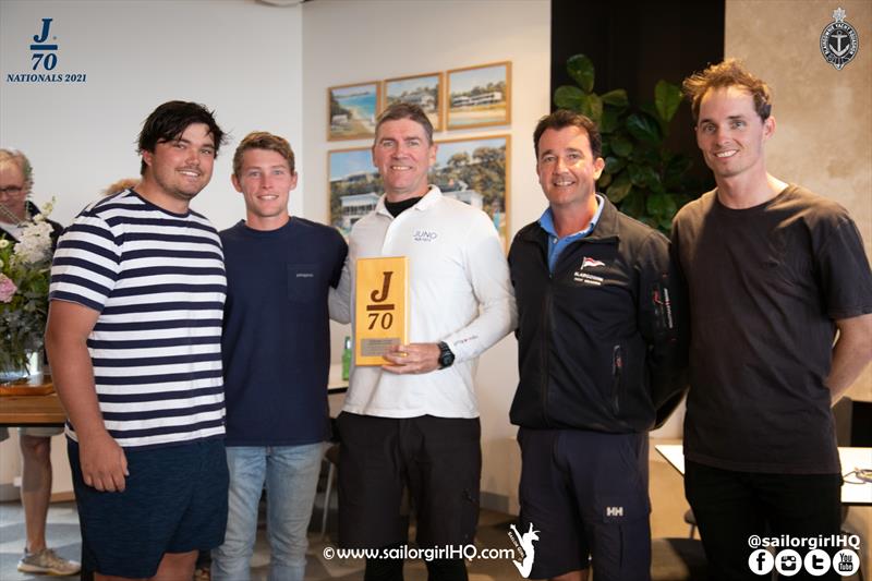 2021 J70 Australian Championships 3rd overall, Juno (l-r) James Hodgson, Murray Jones, Reg Lord, Matt McCarthy, Vice Commodore BYS, Tom Grimes - photo © Nic Douglass / www.AdventuresofaSailorGirl.com