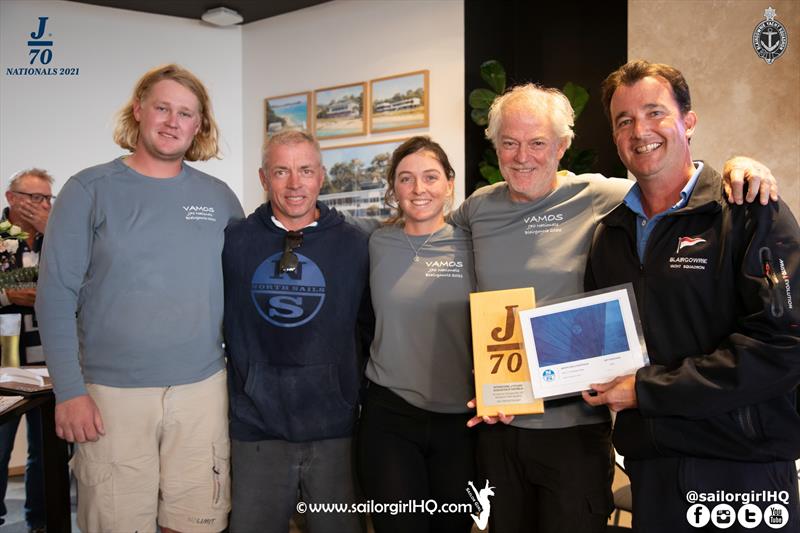 2021 J70 Australian Championships 1st Overall, Vamos (l-r) Charlie Gundy, Rob Greenhalgh, Jess Grimes, Tim Ryan, Matt McCarthy, Vice Commodore BYS - photo © Nic Douglass / www.AdventuresofaSailorGirl.com