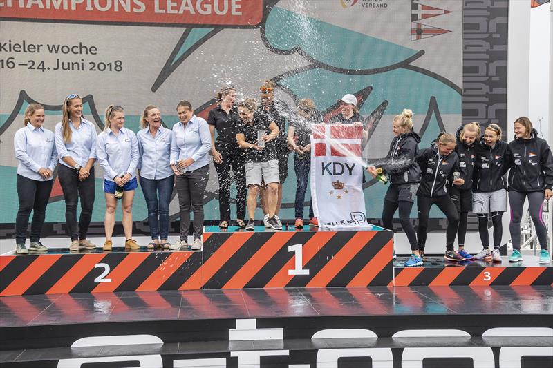 Podium at the Women's SAILING Champions League in Kiel - Hellerup Sejlklub (DEN), Kongelig Dansk Yachtklub (DEN) and Akademischer Segelverein (GER) photo copyright SCL / Sven Jürgensen taken at Kieler Yacht Club and featuring the J70 class