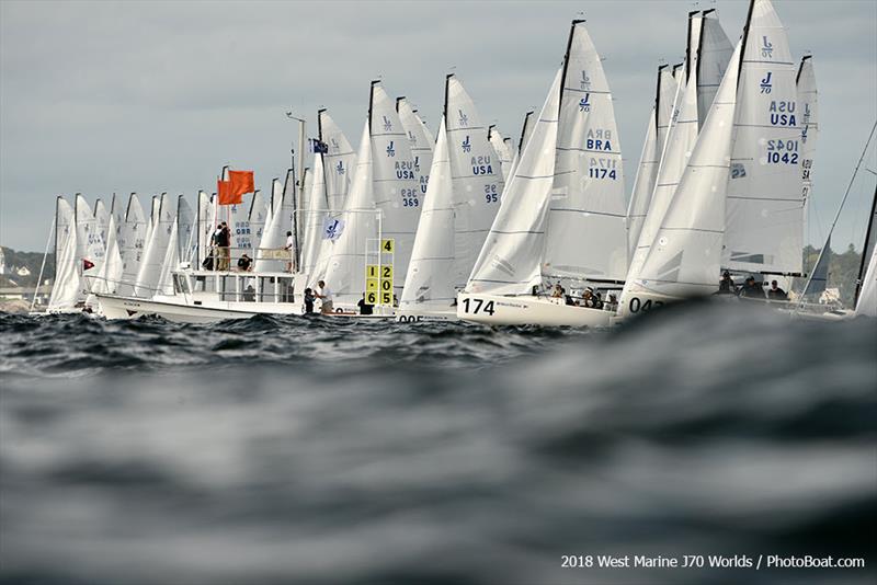 91 J/70s on one start line at the West Marine J/70 World Championships - 2018 West Marine J/70 World Championships - Day 2 photo copyright 2018 West Marine J/70 Worlds / PhotoBoat.com taken at  and featuring the J70 class