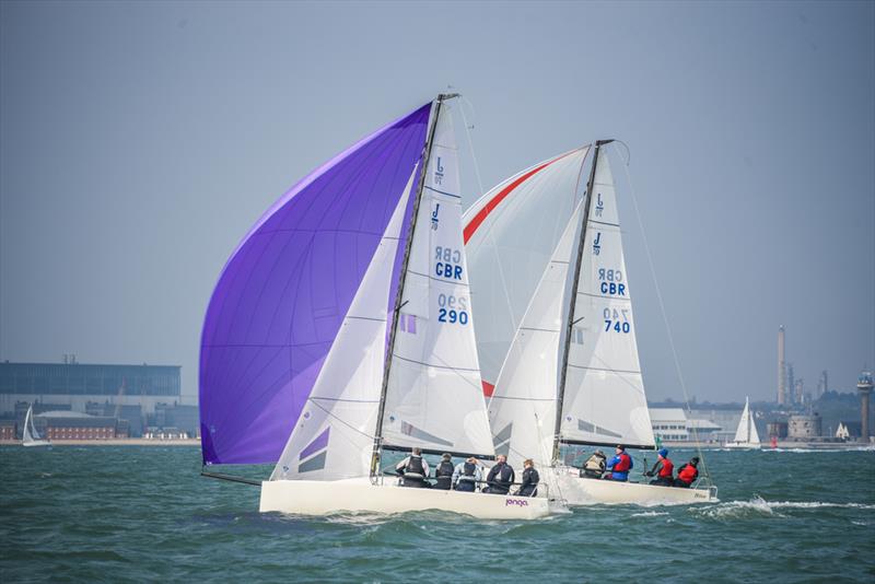 Close racing on day 3 of the Helly Hansen Warsash Spring Series photo copyright Andrew Adams / www.closehauledphotography.com taken at Warsash Sailing Club and featuring the J70 class