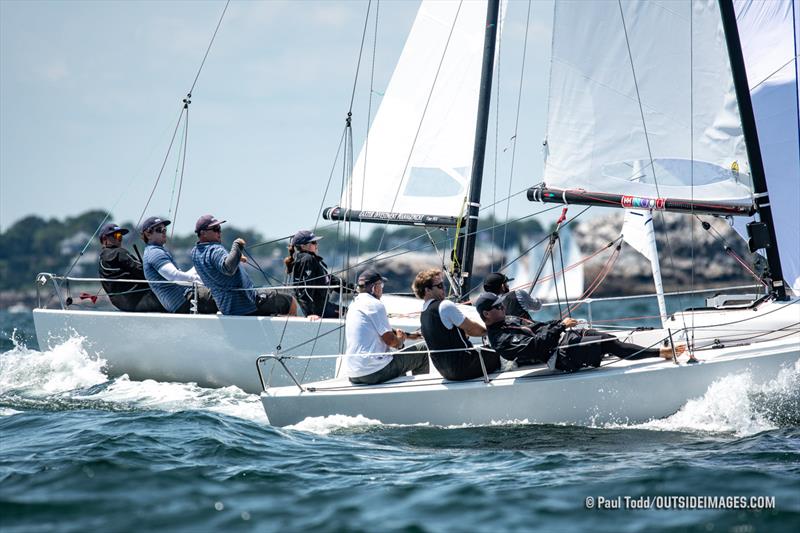 Joel Ronning executes a simultaneous jibe before the finish of Race 4 to edge his way into a third-place finish in the race. Ronning and his crew lead the J/70 fleet after two days of racing - 2019 Helly Hansen NOOD Regatta Marblehead photo copyright Paul Todd / Outside Images / NOOD taken at Boston Yacht Club and featuring the J70 class