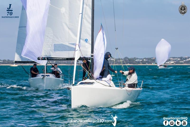 Sam Haynes wins his first J70 Nationals Race and fist bumps tactician David Chapman - 2021 J70 Australian Championships day 2 photo copyright Nic Douglass / www.AdventuresofaSailorGirl.com taken at Blairgowrie Yacht Squadron and featuring the J70 class