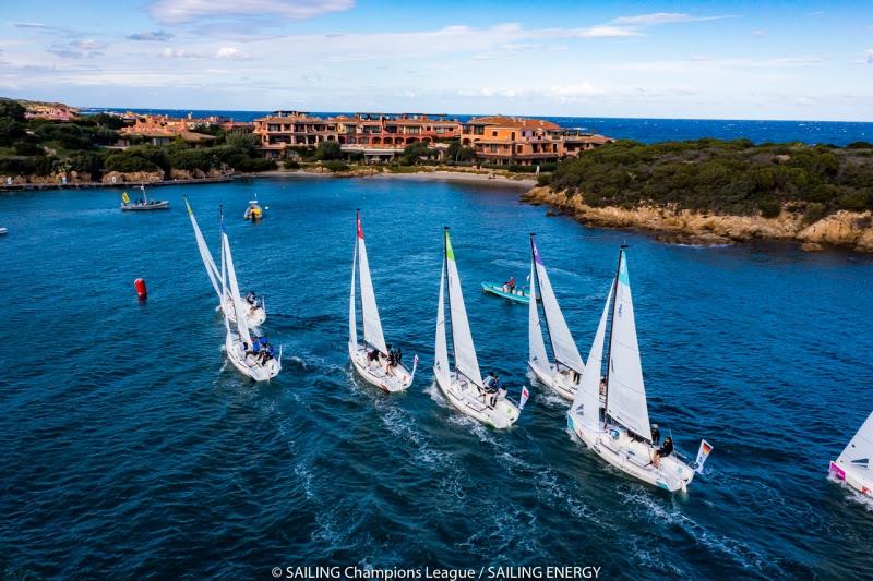 An aerial image of the SAILING Champions League racing within Porto Cervo's harbour photo copyright SAILING Champions League / Sailing Energy taken at Yacht Club Costa Smeralda and featuring the J70 class