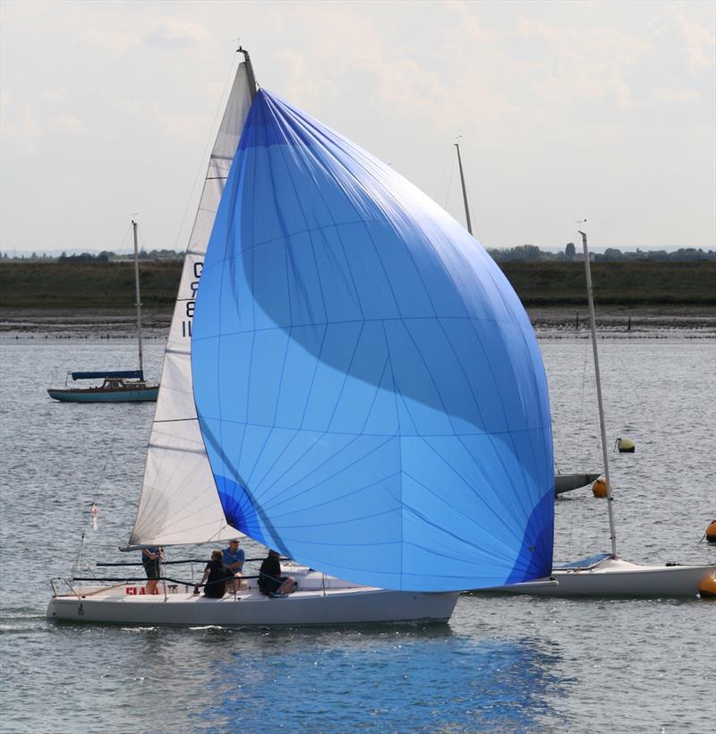 Glorious Fools crossing the Town Cup finish line at the Royal Corinthan Yacht Club at the 125th anniversary Burnham Week photo copyright Sue Pelling taken at Royal Corinthian Yacht Club, Burnham and featuring the J80 class