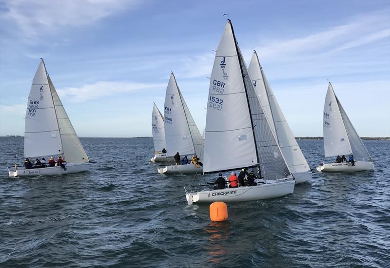 J80s crossing the start line on day 1 of the LTSC Solent Circuit photo copyright Rob Milledge taken at Lymington Town Sailing Club and featuring the J80 class