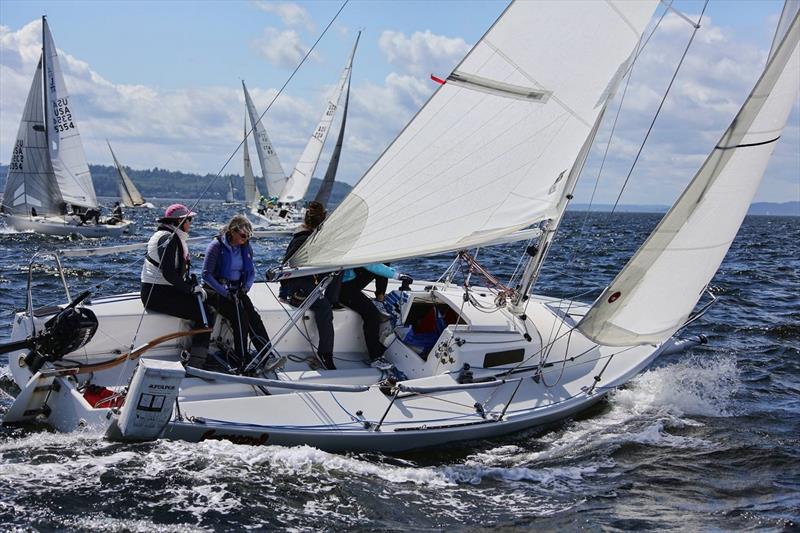 2020 BoatUS/NWSA Leadership in Women's Sailing Award honoree Margaret Pommert (left, at helm) with crew competing in the 2016 Pacific Northwest One Design Regatta photo copyright Jan Anderson taken at  and featuring the J80 class