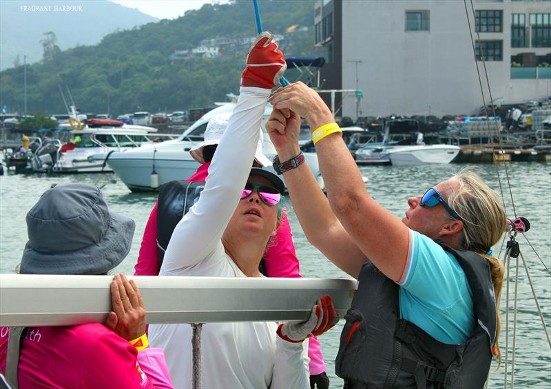 Setting up the rigging during the Hong Kong Open Ladies'/Girls' Champs Regatta 2025 photo copyright HHYC taken at Hebe Haven Yacht Club and featuring the J80 class