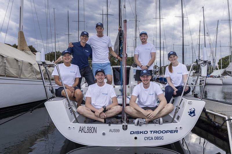 Disko Trooper Contender Sailcloth crew - Back left: Wendy Tuck, Jan ‘Clogs’ Scholten, Jules Hall, Nathan Gulliksen, Emma May. Front from left: Mark Murray, Charlie Watts photo copyright Andrea Francolini taken at Cruising Yacht Club of Australia and featuring the J/99 class