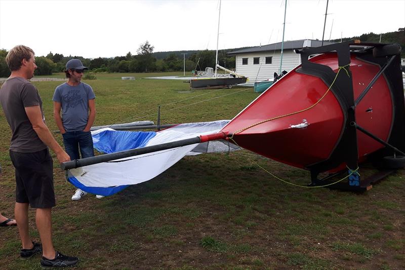 Wade and Demian onshore - Sanders Cup photo copyright Antje Muller taken at Evans Bay Yacht & Motor Boat Club and featuring the Javelin Skiff class