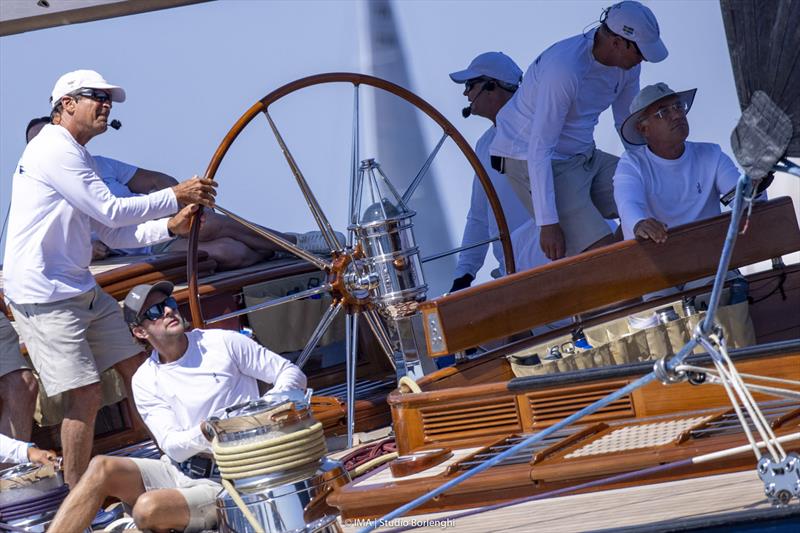 Peter Holmberg at the giant wheel on the magnificent J Topaz on day 2 of the Maxi Yacht Rolex Cup - photo © IMA / Studio Borlenghi