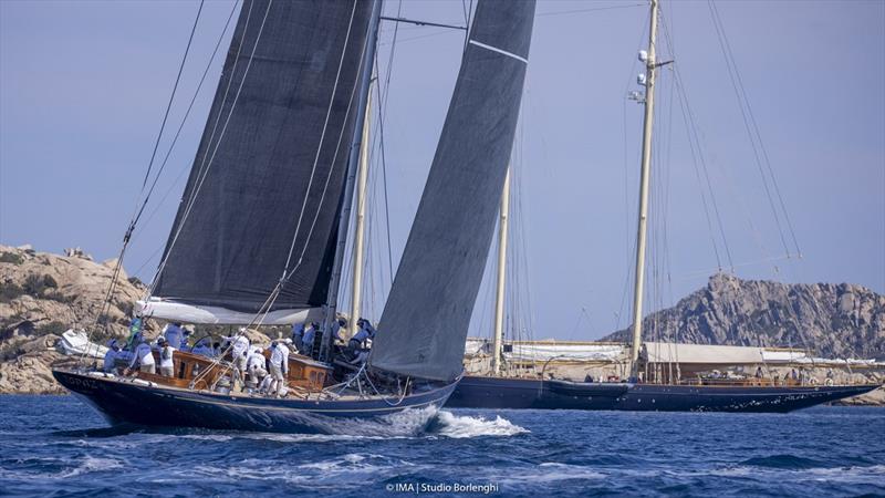 The biggest boat competing, the J Class Topaz, is dwarfed by the mighty three masted schooner Atlantic - Maxi Yacht Rolex Cup photo copyright IMA / Studio Borlenghi taken at Yacht Club Costa Smeralda and featuring the J Class class