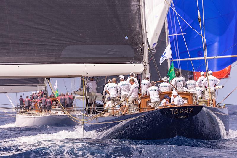 All hands on deck! Topaz trails Ranger downwind in today's first windward-leeward for the J Class on day 2 of the Maxi Yacht Rolex Cup photo copyright IMA / Studio Borlenghi taken at Yacht Club Costa Smeralda and featuring the J Class class