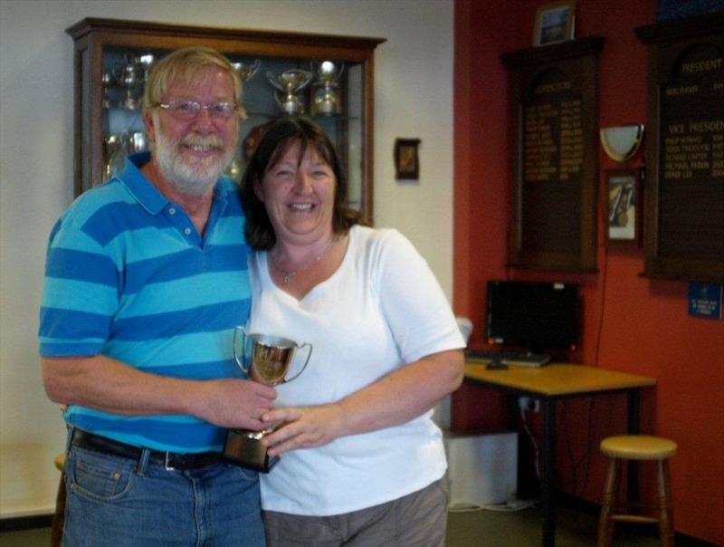Ian Tinker being presented with the Old Codger Trophy by Debra de Quaorndon during the K1 Open at Carsington photo copyright Judith Hayhurst taken at Carsington Sailing Club and featuring the K1 class