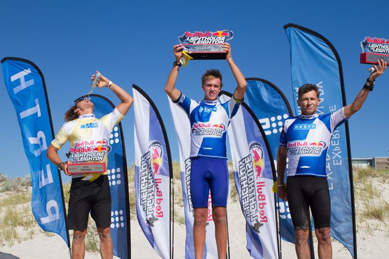 Lighthouse to Leighton kiteboard race men's podium (l to r) 2nd Marvin Baumeister, 1st Olly Bridge, 3rd Jonathan Keys photo copyright Ross Wyness taken at  and featuring the Kiteboarding class