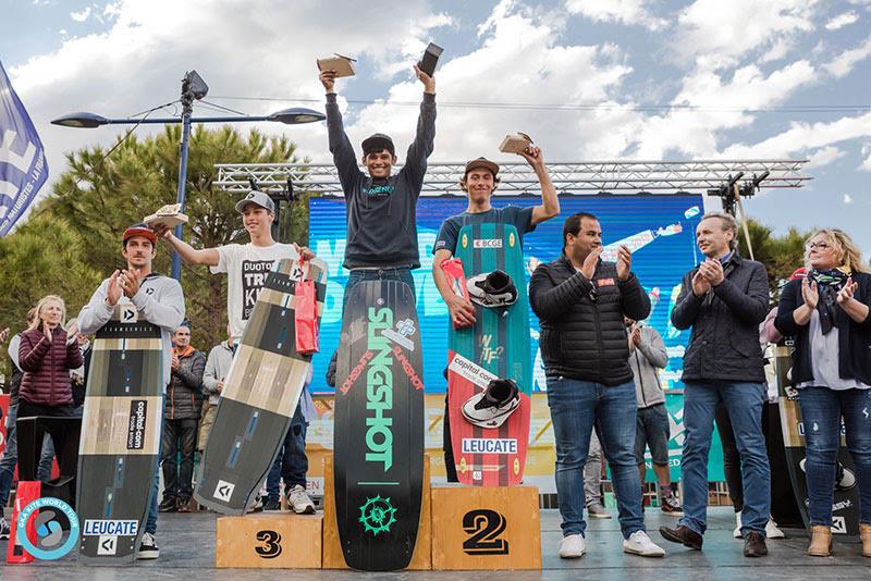 Men's result, left to right: 4th Gianmaria Coccoluto (ITA), 3rd Valentin Rodriguez (COL), 1st Carlos Mario (BRA), 2nd Maxime Chabloz (SWI) - GKA Freestyle World Cup Leucate - photo © Svetlana Romantsova