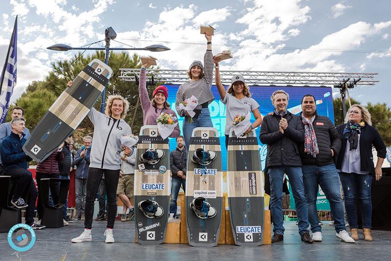 Women's podium, left to right: 4th Pippa van Iersel (NED), 3rd Claudia Leon (SPN), 1st Francesca Bagnoli (ITA), 2nd Mikaili Sol (BRA) - GKA Freestyle World Cup Leucate photo copyright Svetlana Romantsova taken at  and featuring the Kiteboarding class