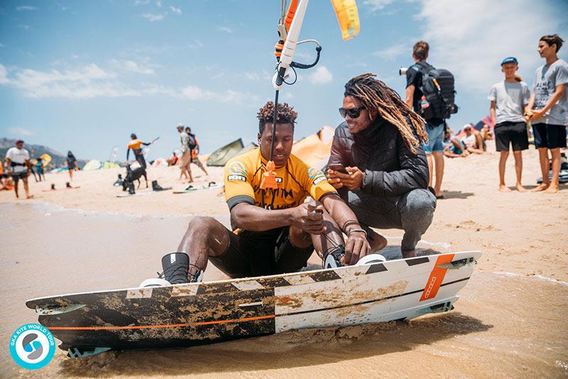 Cross-pollenation of riders - Kite-Surf rider Jan Marcos Riveras gives Freestyler Adeuri Corniel advice after watching the heat scores on the livestream - GKA Kite World Cup Tarifa 2019 - photo © Ydwer van der Heide