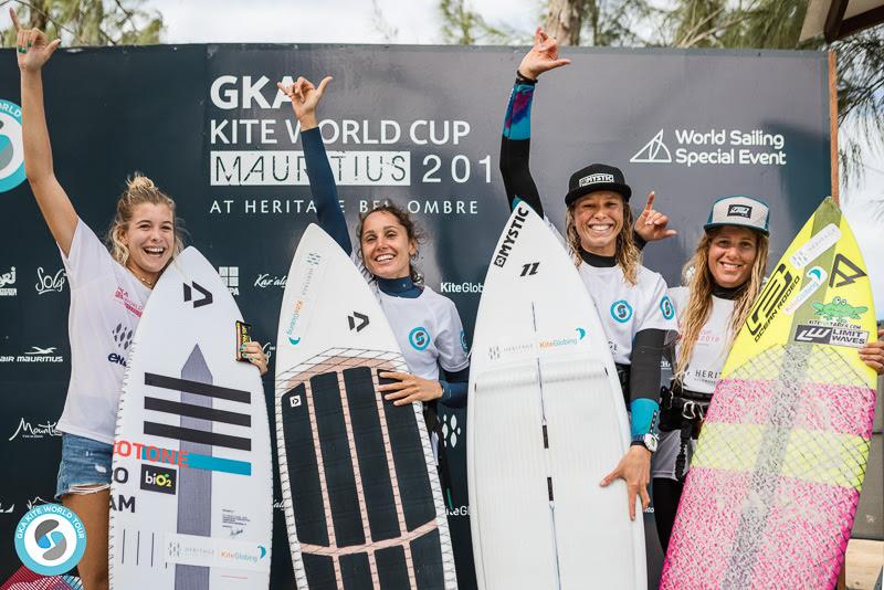 Women's single elimination Kite-Surf result, left to right: 4th Sophia Abreu, 3rd Maria Kinkina, 1st Jalou Langeree, 2nd Carla Herrera-Oria - 2019 GKA Kite World Cup Mauritius, day 7 photo copyright Svetlana Romantsova taken at  and featuring the Kiteboarding class