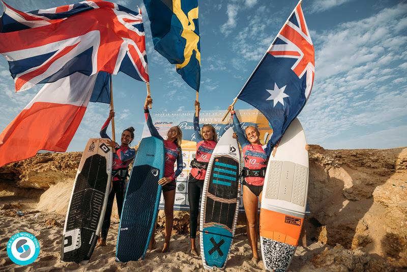 Women's single elimination podium - GKA Kite World Cup Dakhla, Day 6 photo copyright Ydwer van der Heide taken at  and featuring the Kiteboarding class