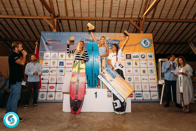 Dakha Kite-Surf result women: Winner: Kirsty Jones (GBR), 2nd Carla Herrera-Oria (ESP), 3rd Charlotte Carpentier (FRA) - GKA Kite World Cup Dakhla, Day 10 photo copyright Ydwer van der Heide taken at  and featuring the Kiteboarding class