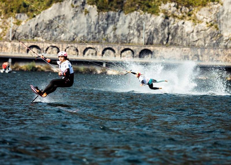 Julia Damasiewicz (POL) pushed a little too hard trying to catch compatriot Magdalena Woyciechowska on the final leg to the finish - Formula Kite Mixed Team Relay European Championships, day 3 - photo © IKA / Alex Schwarz