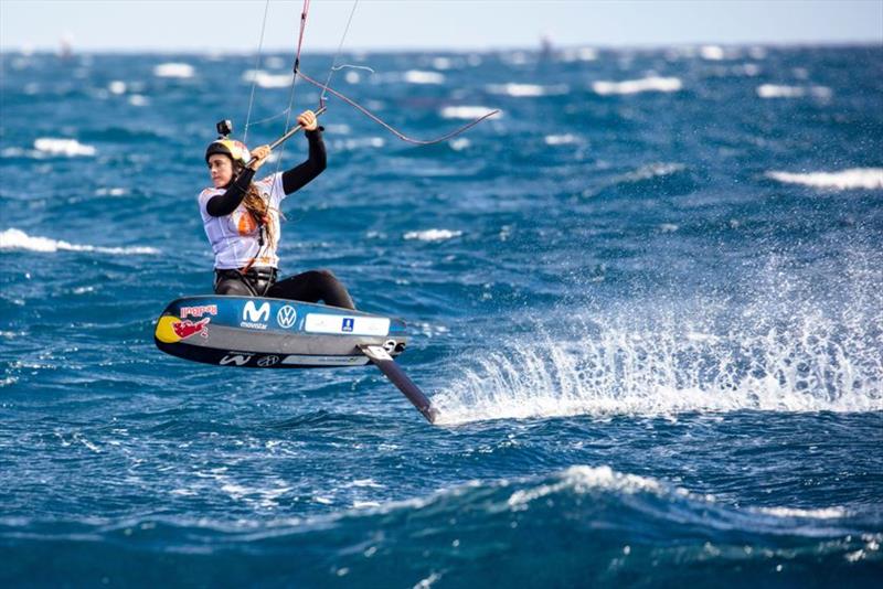 Gisela Pulido enjoys cruising along in Gran Canaria - 2020 Gran Canaria KiteFoil Open European Championships, Day 1 photo copyright IKA / Alex Schwarz taken at  and featuring the Kiteboarding class