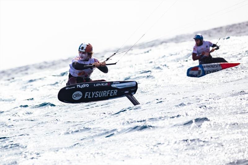 Theo de Ramecourt (FRA) (left) was untouchable today, although Maxime Nocher (FRA) (right) put up a valiant effort - 2020 Gran Canaria KiteFoil Open European Championships, Day 1 - photo © IKA / Alex Schwarz