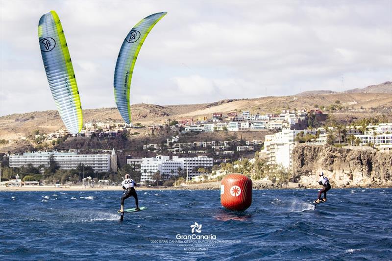 Guy Bridge (GBR) (left) putting pressure on Theo de Ramecourt (FRA) (right) - 2020 Gran Canaria KiteFoil Open European Championships - photo © IKA Media / Alex Schwarz