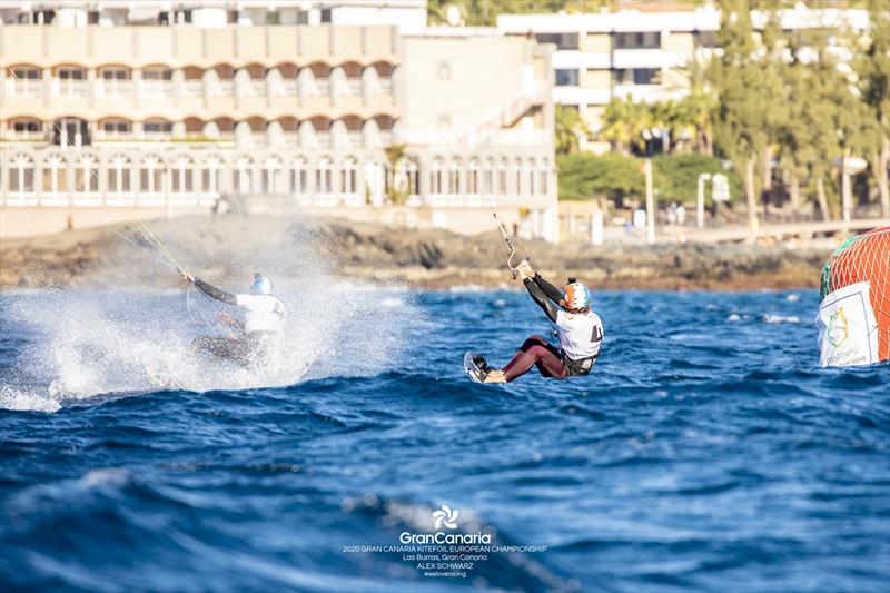 The epic battle between Maxime Nocher (FRA)(left) and Theo de Ramecourt (FRA)(right) continued today - 2020 Gran Canaria KiteFoil Open European Championships - photo © IKA Media / Alex Schwarz