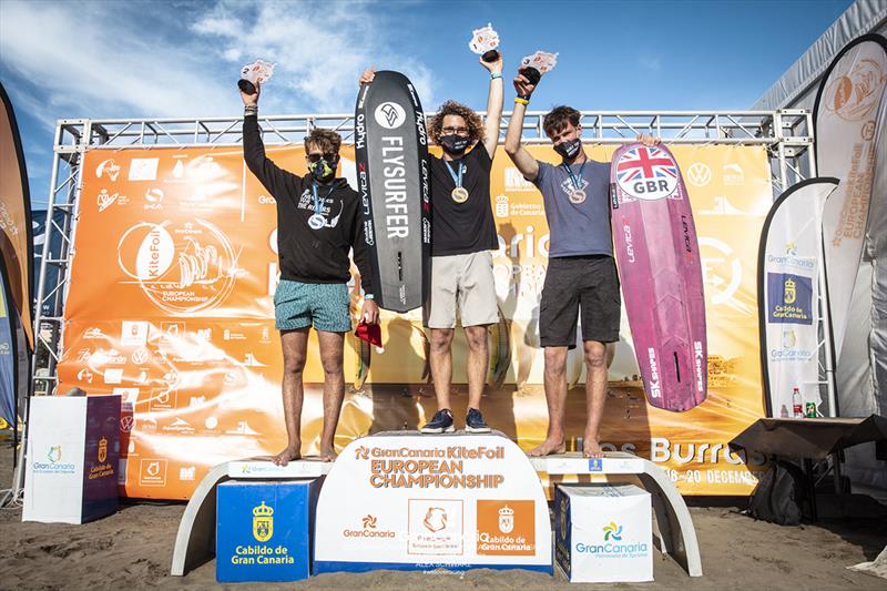 Overall podium (left to right): 2nd place-Maxime Nocher (FRA), 1st-Theo de Ramecourt (FRA), 3rd-Guy Bridge (GBR) - 2020 Gran Canaria KiteFoil Open European Championships photo copyright IKA Media / Alex Schwarz taken at  and featuring the Kiteboarding class