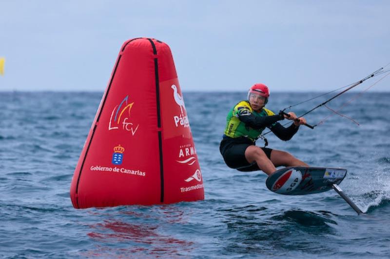 Max Maeder, rounding the leeward mark and leading the event - 2021 KiteFoil World Series Fuerteventura, Day 3 photo copyright IKA Media / Sailing Energy taken at  and featuring the Kiteboarding class