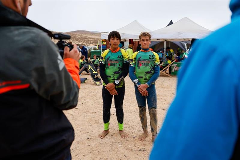 Youngest in the fleet, 13 year old Karl Maeder and 15 year old Cedric Baker - 2021 KiteFoil World Series Fuerteventura, Day 3 photo copyright IKA Media / Sailing Energy taken at  and featuring the Kiteboarding class