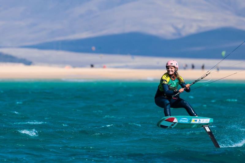 Poema Newland on her way to winning the women's division - 2021 KiteFoil World Series Fuerteventura photo copyright IKA Media / Sailing Energy taken at  and featuring the Kiteboarding class