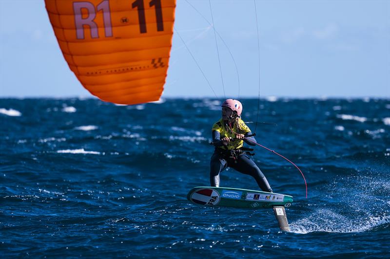 2021 Kitefoil World Series Gran Canaria - Poema Newland of France flew to the front of the women's fleet... photo copyright IKA Media / Sailing Energy taken at  and featuring the Kiteboarding class