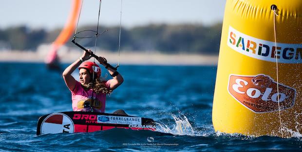 Sofia Tomasoni (ITA) had one of the best days in the girls' fleet on Day 3 in Torregrande - IKA Kitefoiling Youth Worlds Torregrande 2022 photo copyright Robert Hajduk / IKA media taken at  and featuring the Kiteboarding class