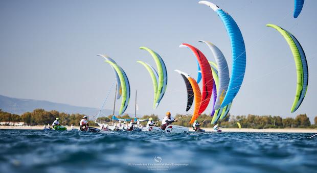 Awesome acceleration out of the start on Day 4 in Torregrande - IKA Kitefoiling Youth Worlds Torregrande 2022 - photo © Robert Hajduk / IKA media