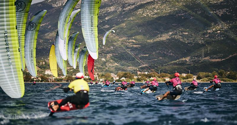 Max Maeder in his yellow bib, on the charge out of the start - 2022 Lepanto Formula Kite European Championships - photo © Robert Hajduk / IKA media