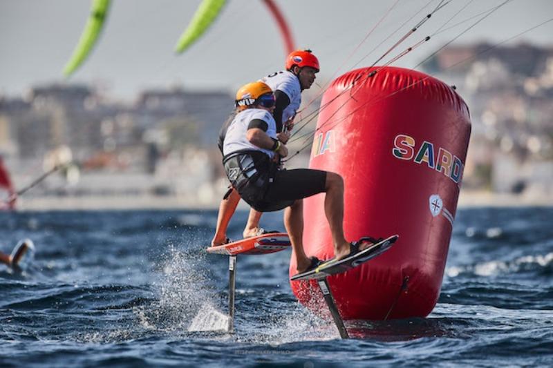 Toni Vodisek (SLO) chasing Martin Dolenc (CRO) around the top mark - 2022 Formula Kite World Championships, day 1 - photo © Robert Hajduk / IKA media