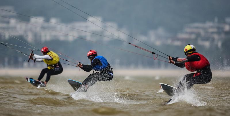 Vodisek (left) chased by Maeder and Huang (right) - 2023 KiteFoil World Series Final in Zhuhai, day 2 - photo © IKA Media / Robert Hajduk
