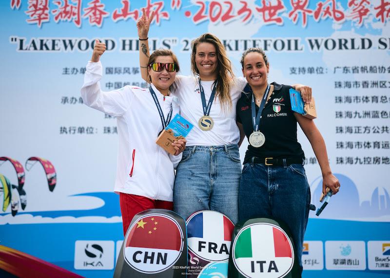 Nolot won (but only just) ahead of Chen (right) and Tomasoni - 2023 KiteFoil World Series Final in Zhuhai - photo © IKA Media / Robert Hajduk